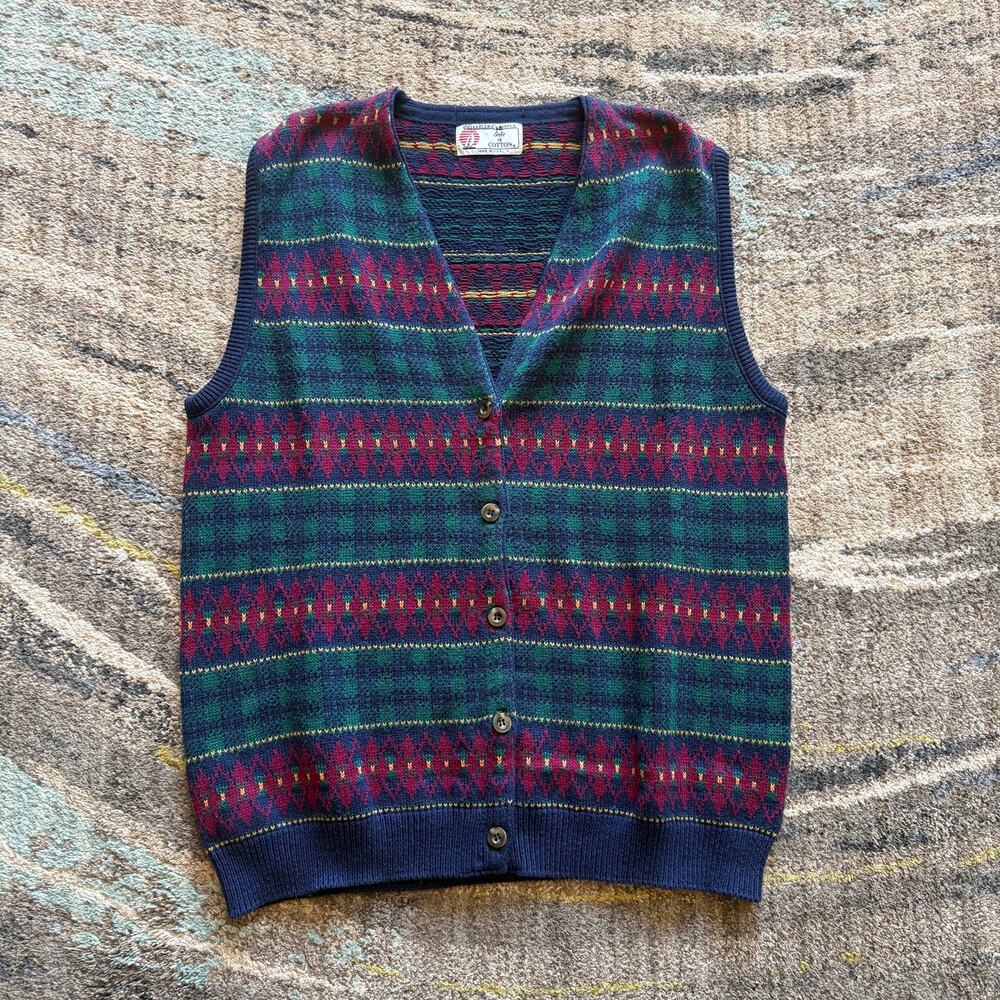 Women's Vintage 90's Isle of Cotton Blue Green Knit Cardigan Sweater Vest Sz L